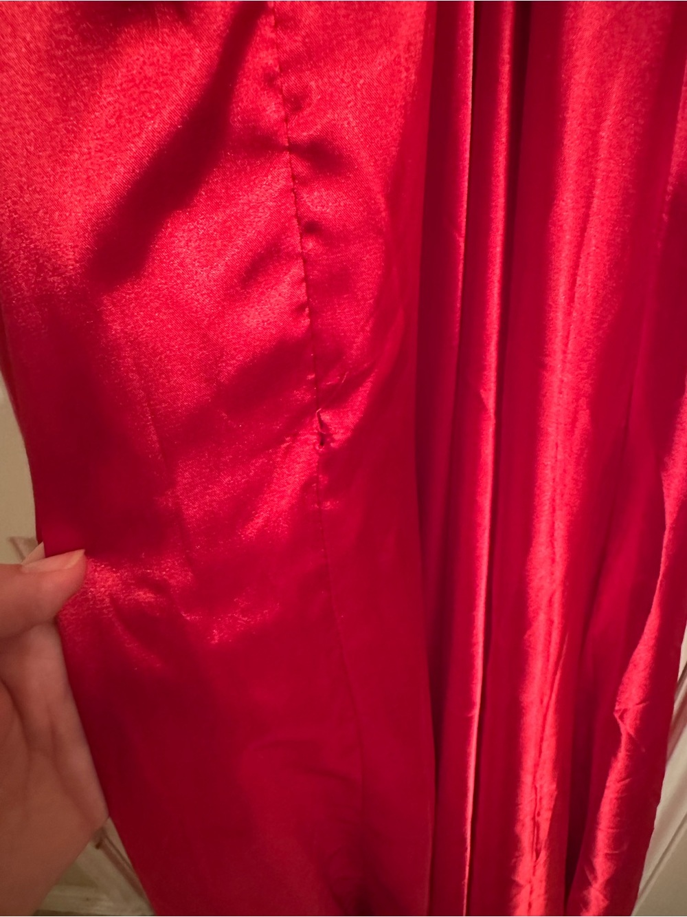 NWT Faviana Red Satin V-Neck Spaghetti Strap Maxi Prom Bridesmaid Slit Dress - Picture 8 of 10